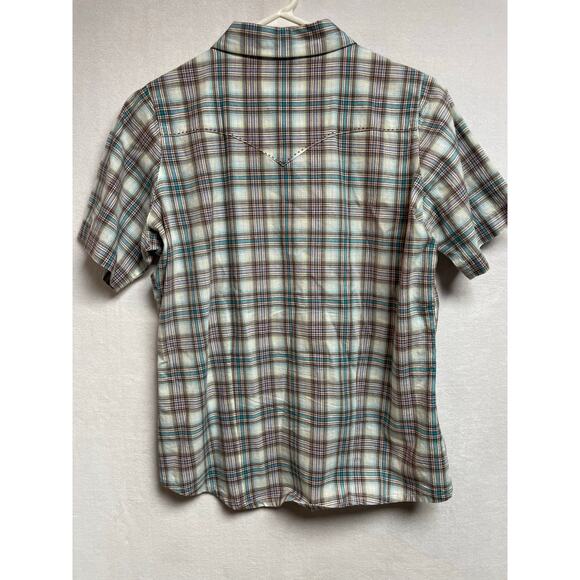 Wrangler Blues pearl snap mens short sleeve button shirt Medium blue plaid - Picture 5 of 5